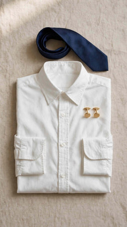 White shirt with blue tie and cuff links on the white background.