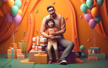 Father and son sitting on the floor with gift boxes and balloons.の写真素材