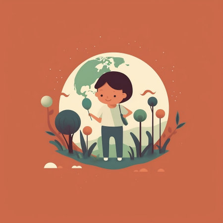 Cute little boy on the background of the planet. Vector illustrationの写真素材