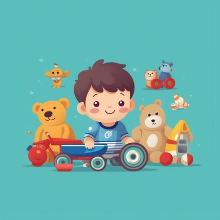Cute little boy playing with toys. Vector illustration in cartoon style.の素材