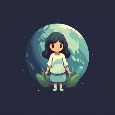 Cute little girl standing in front of the planet. Vector illustration.の素材
