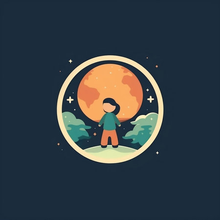 Vector illustration of a boy in a circle with the moon in the backgroundの素材