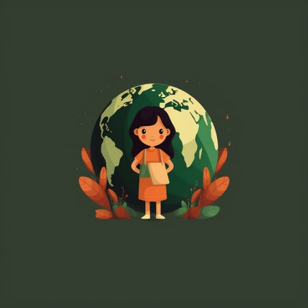 Cute little girl standing near the planet earth. Vector illustration.の素材