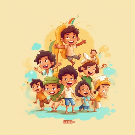 Indian festival Dussehra background with cartoon characters. Vector illustration.の素材
