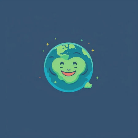 Cartoon planet earth with smiling face on blue background. Vector illustration.の素材