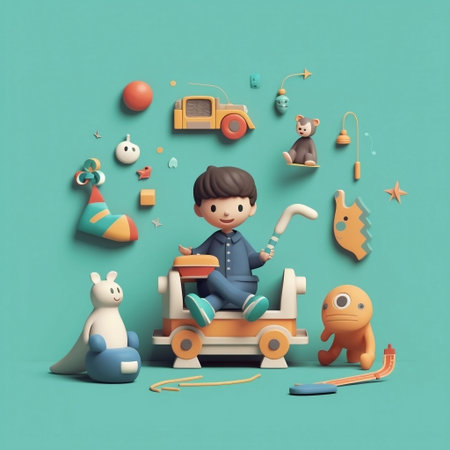 3d rendering of a boy sitting on a wooden train with toysの素材