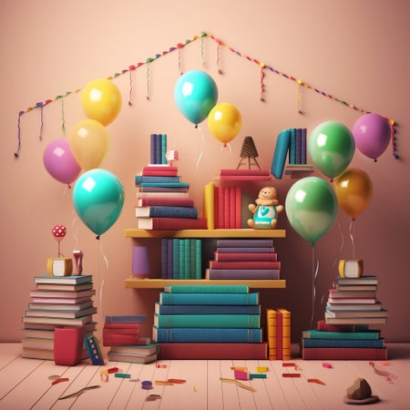 Pile of books on a shelf with balloons. 3d renderingの素材