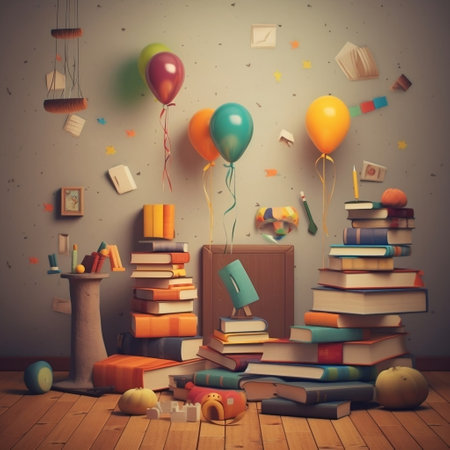 Books and balloons on the floor. Education concept. 3d renderingの素材