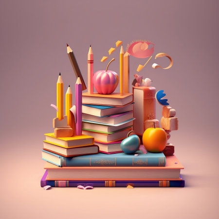Back to school. Stack of books, pencils, apple, eraser, eraser, eraser, pencil sharpener on pink background. 3d illustrationの素材