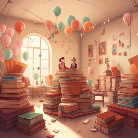 Girl sitting on a stack of books in a room decorated with balloonsの素材