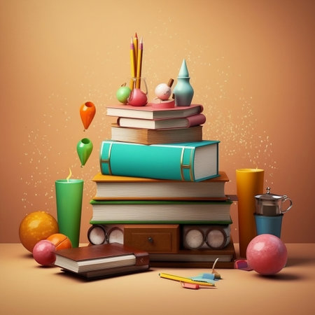 pile of books with school supplies on table, 3d illustrationの素材