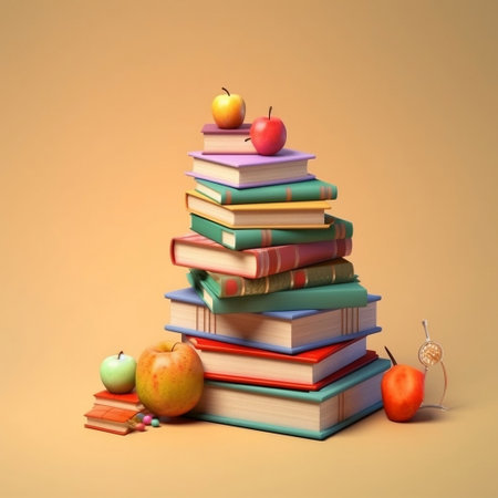 Stack of books and apples on orange background. 3D illustration.の素材