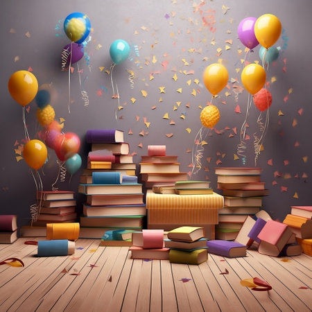 Pile of books with balloons and confetti on wooden floor in roomの素材