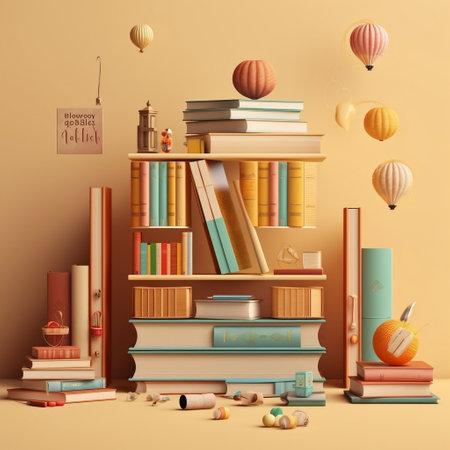 3d render of bookshelf with books and hot air balloonsの素材