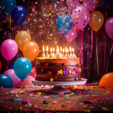 Birthday cake with burning candle and colorful balloons on old wooden tableの素材
