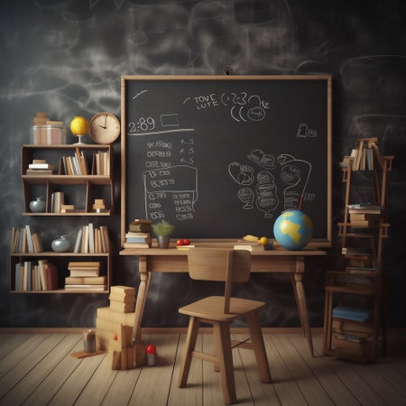 3D render of an empty classroom with chalkboard and school suppliesの素材