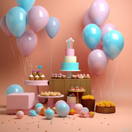 3d render of birthday cake with balloons, cupcakes and candiesの素材