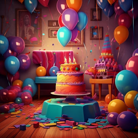 Birthday cake with balloons and confetti in room. 3D renderingの素材