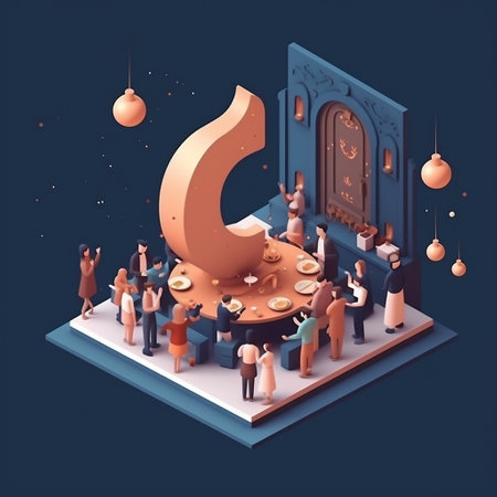 Ramadan kareem isometric composition with islamic islamic mosque and people 3d vector illustrationの素材