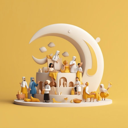 3d rendering of nativity scene with people and crescent moonの素材