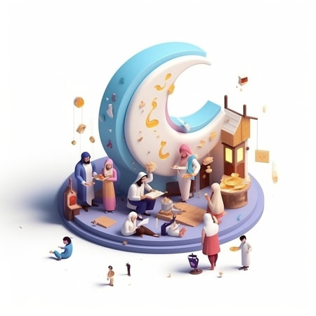3d isometric illustration of people sitting around the crescent moonの素材