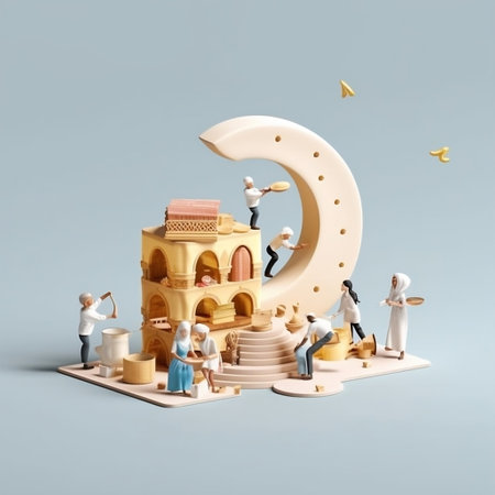 Miniature people : children playing with toy building and the moon.の素材