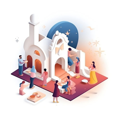 Vector isometric illustration of Muslim family celebrating Eid Mubarak. Muslim feast of the holy month of Ramadan.の素材