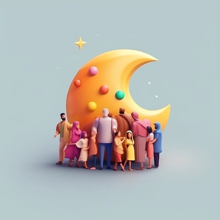 Group of people in a circle around the moon. 3d illustrationの素材