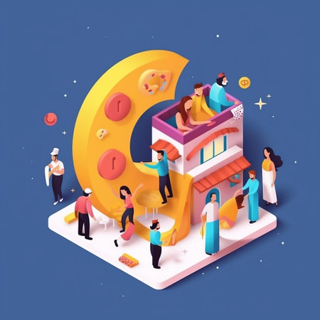 Flat 3d isometric vector illustration of people around the moonの素材