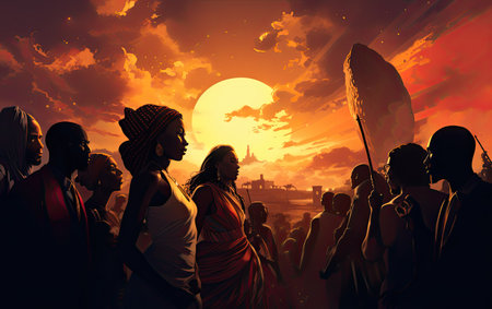 Silhouette of a group of people on a sunset background.の素材