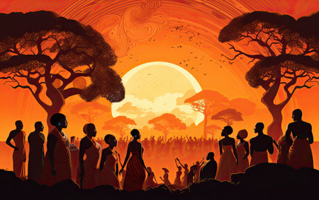 African people in the savannah at sunset. Illustration for your designの素材