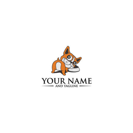 True Dog Friend logo design template. Graphic sitting puppy logotype, sign and symbol. Pet silhouette label illustration isolated on background. Modern animal badge for veterinary clinic, pet foodのイラスト素材