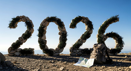 2026 formed by rocks and brushwood on a mountain summit, with backpack and map; adventure and journey conceptの素材