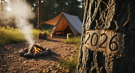 Number 2026 carved into a tree trunk near a crackling campfire and a tent in serene forest setting.の素材