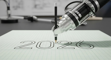 Robotic arm meticulously writing number 2026 with a pencil on grid paper. Precision technology, automation, and future concepts.の素材