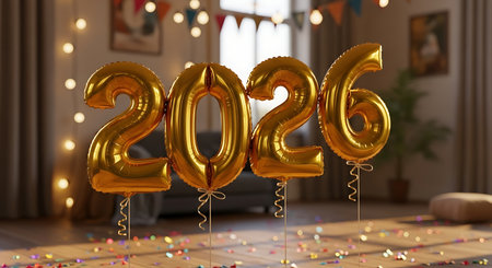 2026 golden balloons in bright room. Shiny metallic numbers for new year. Gold foil balloons stand on strings, bright room backdrop.の素材