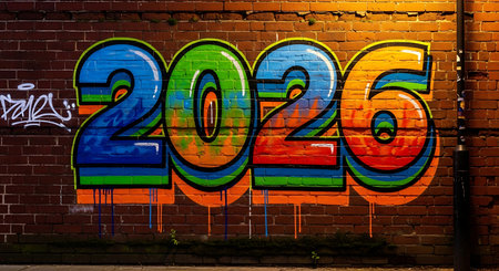 Bold colorful 2026 graffiti painted on urban brick wall. Street art style celebrating new year with bright spray paint.の素材