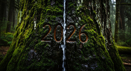 2026 carved into ancient moss-covered tree trunk, with water flowing symbolizing natural passage of timeの素材