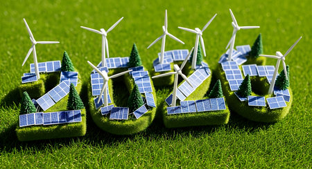 Green landscape featuring 2026 new year numbers formed by solar panels and wind turbines. Sustainable energy future concept.の素材