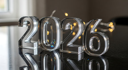 Transparent glass numbers "2026" standing on reflective dark surface. Soft bokeh lights in background create sparkling effect. Modern design, clear vision, future perspective.の素材