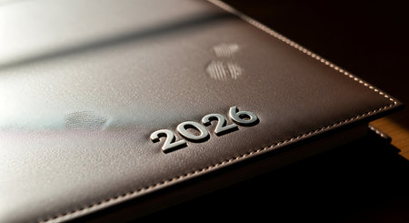 2026 embossed on brown leather planner. New year agenda for 2026. Stylish brown leather diary 2026 on desk. Close up view of new year planner.の素材
