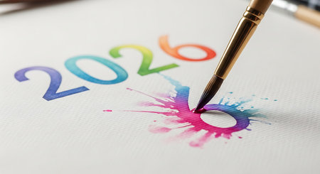 2026 watercolor painting on white paper. Colorful artistic numbers with brush. Hand painting 2026, vibrant hues, creative process.の素材