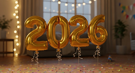 Golden foil balloons shaping year 2026 in cozy room interior. New Year Eve celebration, happy holidays concept. Festive decoration.の素材