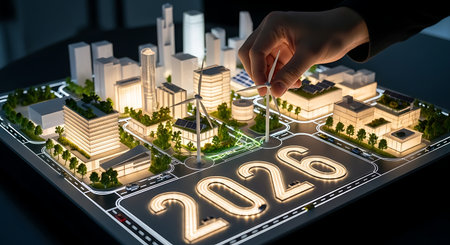 Miniature city model featuring modern buildings, solar panels, and illuminated 2026 numbers. Hand placing small wind turbine on sustainable energy setup. Urban planning, green technology, future development.の素材