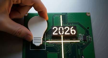 Close-up of hand placing light bulb icon on green circuit board. Digital display showing year 2026. Innovation, future, technology, and progress concept.の素材