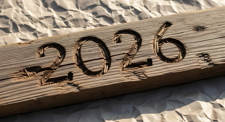 Hand-carved year 2026 on weathered wooden plank. Rough textured surface, shadow play. Crumpled paper background.の素材