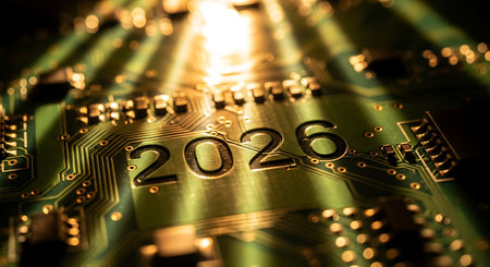 Green circuit board displays year 2026, illuminated by bright light rays, microchips surround numbers, future technology concept, digital innovation.の素材