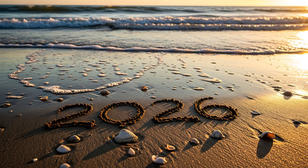 Year 2026 written in beach sand with scattered seashells. Golden sunset, ocean waves, and new year vacation travel concept.の素材