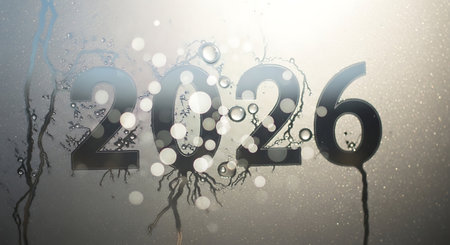 2026 numbers on wet glass pane, water droplets and blurred bokeh lights, concept of upcoming year and weatherの素材