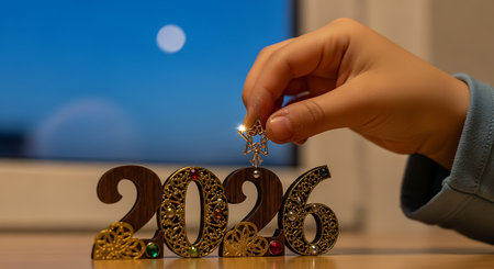 Child hand placing shining star ornament on decorative 2026 numbers, new year celebration and future aspirations concept with blue evening sky background.の素材